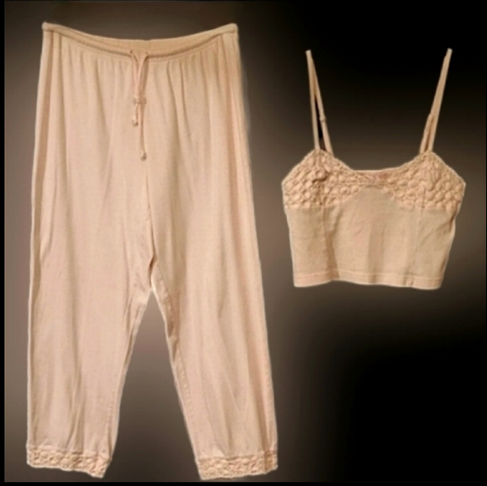 Vtg 90s Y2K Victorias Secret pink crochet crop bustier loungewear set M/L NWOT
